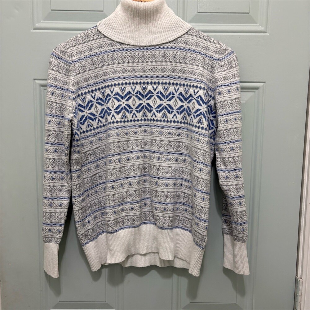 L.L. Bean Sweater Womens Petite M Blue Gray White Fair Isle Turtleneck